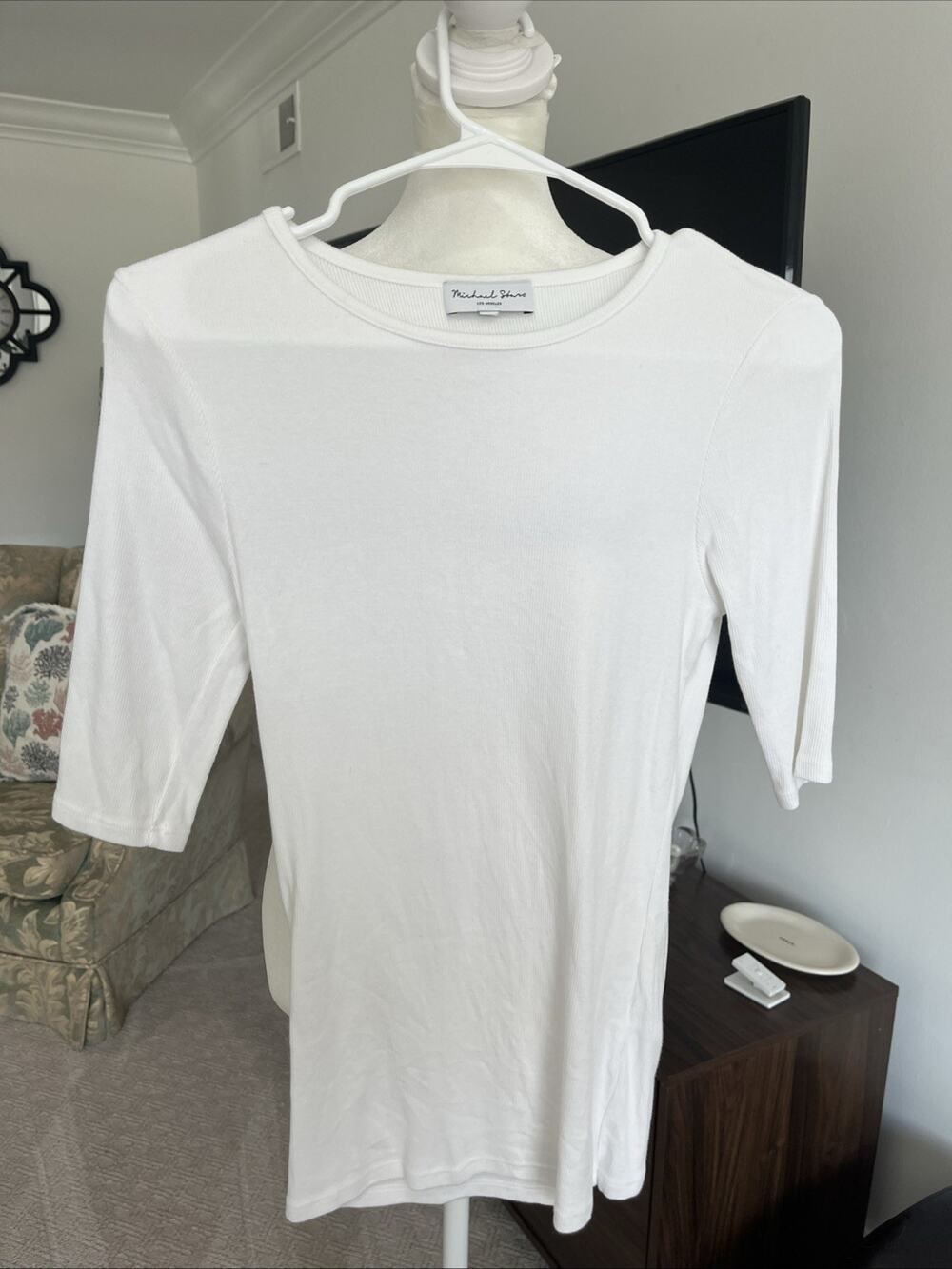 Michael Stars Women White T Shirt Ribbed Black Size S 3/4 Sleeve Crew Neck Prep